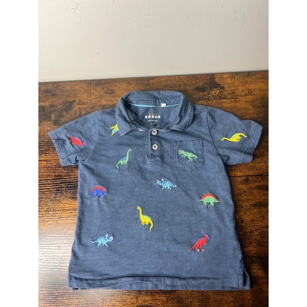 Mini Boden Boys Blue Embroidered Dinosaur Slub Cotton Polo Shirt 3-4Y